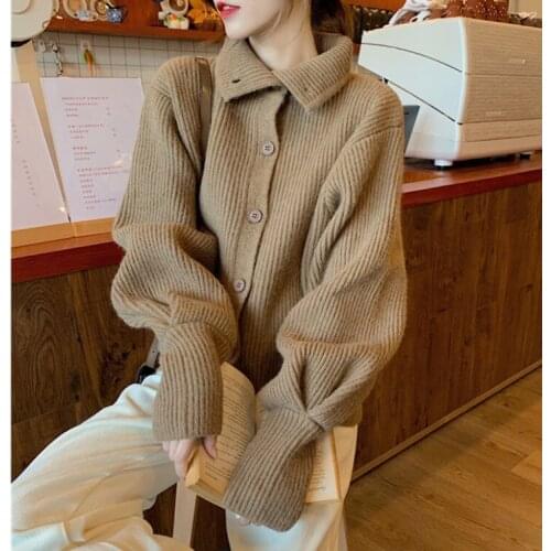 2021 New Winter Warm Design Feeling Lazy Wind Cardigan Loose Outer Wear Sweater Coat Female High Neck Sweater Top