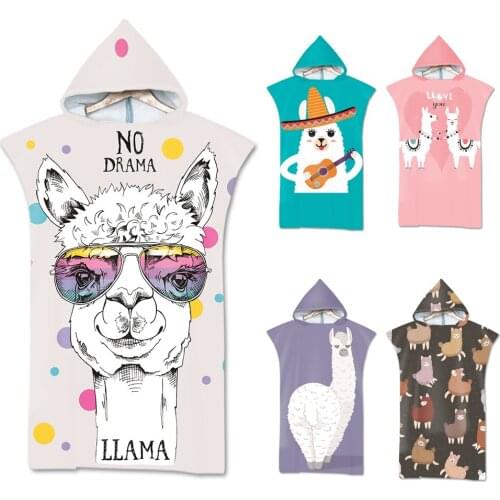 Alpaca Printing Beach Sunscreen Windproof Bathrobe Hooded Cloak Beach Swimming Wearable Bath Towel 110x75cm