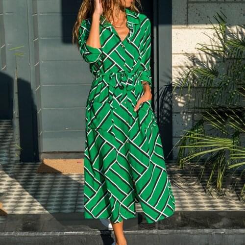 S-5XL 5Colors Stripe Turn Down Collar Long Sleeve Shirt Dress Elegant Women Party Office Daily Travel Skirt