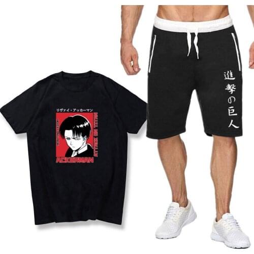 Summer T Shirt Sport Short Sleeve Fashion Harajuku Sportswear Shirt Sets Japanese anime Attack on Titan Clothing Male Sweatsuit
