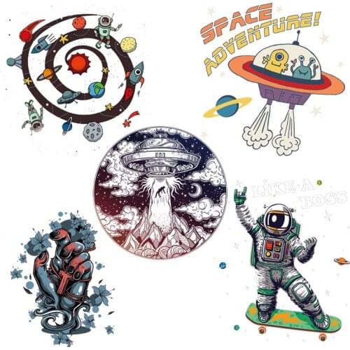 Space Astronaut Thermal Stickers On Clothes Planets Ufo Heat Transfer Iron On Transfer For Clothing Applique Fantasy Patches Diy