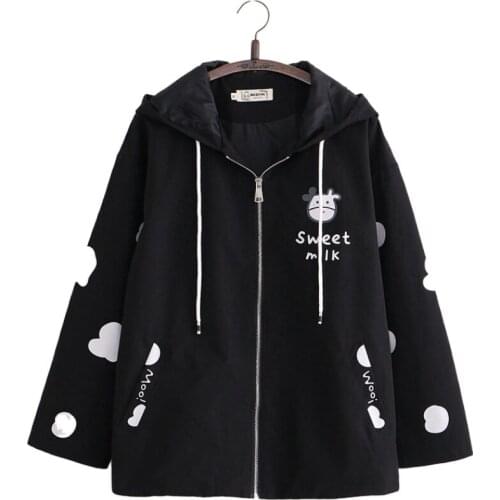 Womens Hooded Jacket Cartoon Dairy Cows Print Zipper Jacket Casual Pocket Harakuju Cute Outwear Coats 2020 Autumn Korean Tops