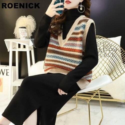 ROENICK Sweaters Vests Women Striped Elastic V-neck Sweater Vest Womens Soft Loose Korean-style Casual Jumpers Fashion Chic