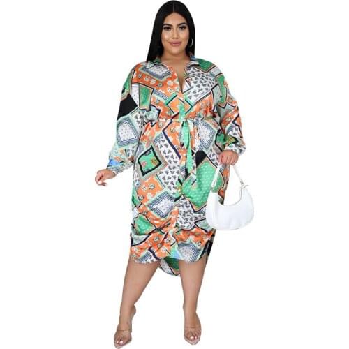 L~4XL Plus Size Women Vintage Shirt Dress Long Sleeve Turn Down Collar Robes Summer Boho Printed Casual Oversize Dresses