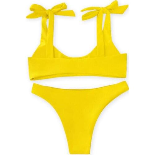 2019 Sexy Womens Solid Shoulder Lace Up High Waist Triangle Bottom Padded Wireless Bikini Set Bathing Suit