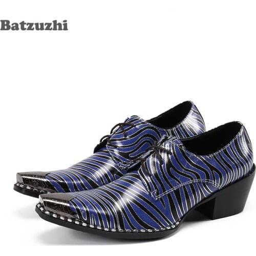 Batzuzhi Designers Men Shoes Pointed Toe Formal Leather Dress Shoes Men Lace-up 6.5cm High Heels Blue Party, Business Shoes Men