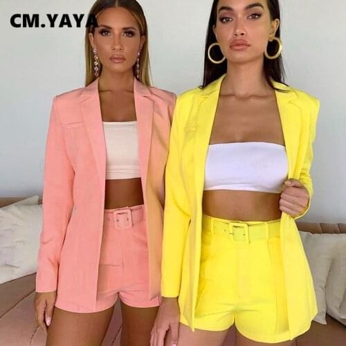 CMYAYA Autumn Winter Women sets Tracksuits Sexy Notched Long Sleeve Blazer Straight Shorts Suits Work Fashion Office Lady