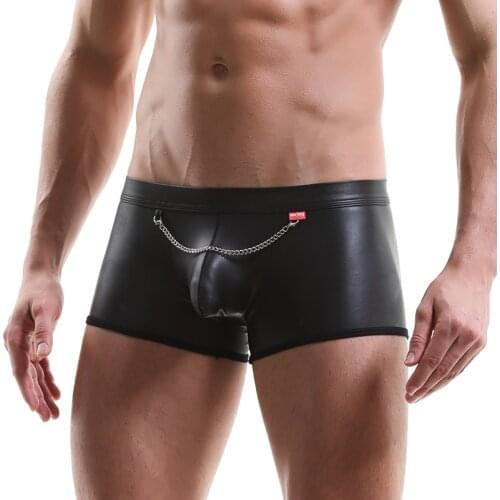 PU Leather Underwear Men Sexy Panties Chain Gay Mens Boxers Underwear Brand Sissy Panties Penis Pouch Men Underpants Lingerie