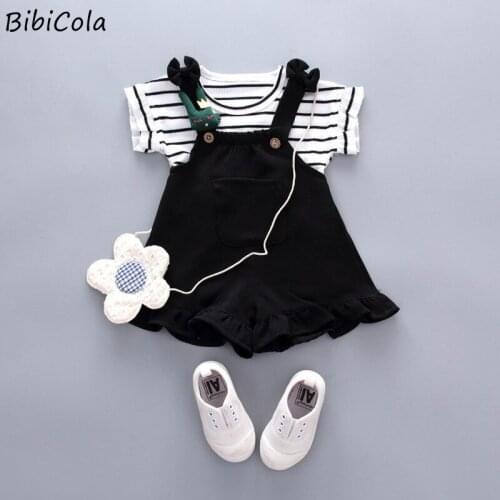 Baby Girls Summer Clothes For Infant Striped Round Neck Short-sleeved Shirt-shorts Set With Overalls