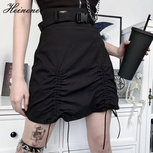 Heinene Goth Black High Waist Mini Skirt Punk Streetwear A-line Bandage Skirts With Buckle Casual Harajuku Y2K Skirt For Womens