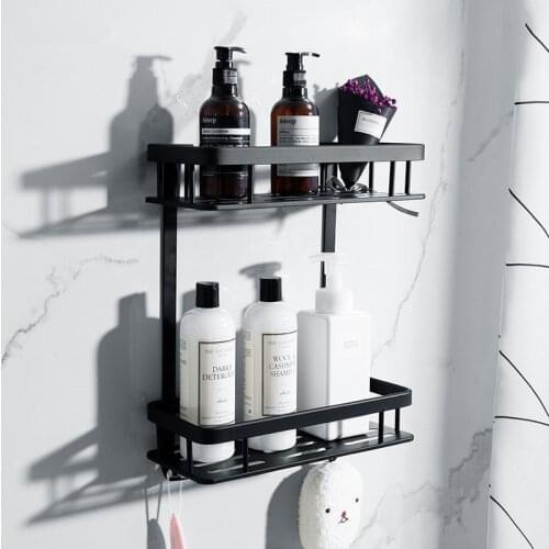 Bathroom Shelf Aluminum Shower Rack Corner Shelf Square Bath Shower Shelf Bolt Inserting Type Storage Organizer Rack Balck