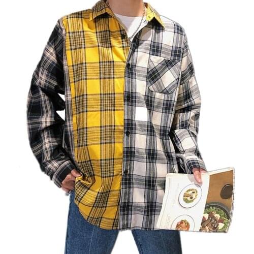 Men Dress Shirts Korean Plaid 2021 Fashion Patchwork Long Sleeve Casual Hip Hop Streetwear Male Casual Blouses
