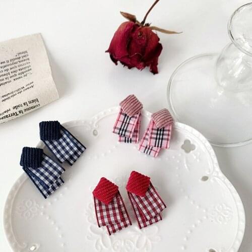 Earrings Pink Fabric autumn and winter Earrings college British Style Silver Pin Earrings small fresh simple ear clip