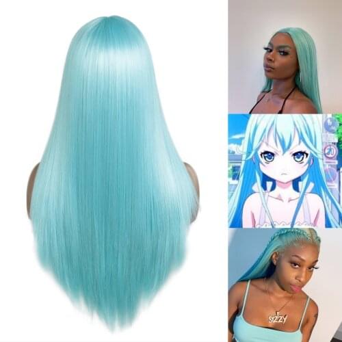 28inch Synthetic 13*3 Lace Front Wig for Women Long Straight Lace Hair Wig With Natural Hairline Light Blue Cosplay Wig HeyMidea