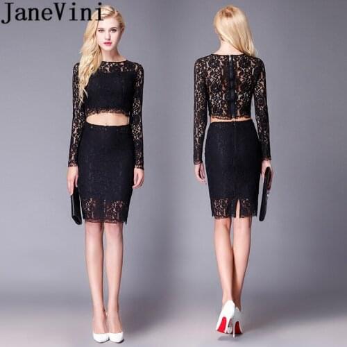 JaneVini Sexy Long Sleeve Cocktail Dresses Black Lace Short Mini Robe Cocktails Courte 2 Pieces Plus Size Women Party Gowns 2019
