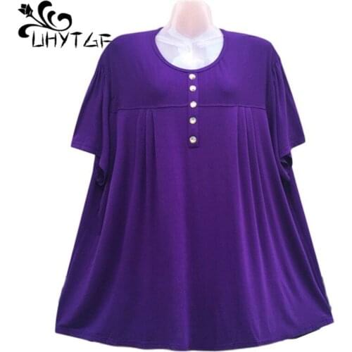 UHYTGF Oversize Top Women Middle-Aged Elderly Short-Sleeved Summer T-Shirt Female O Neck Pullover Casual Plus Size Clothing 1736
