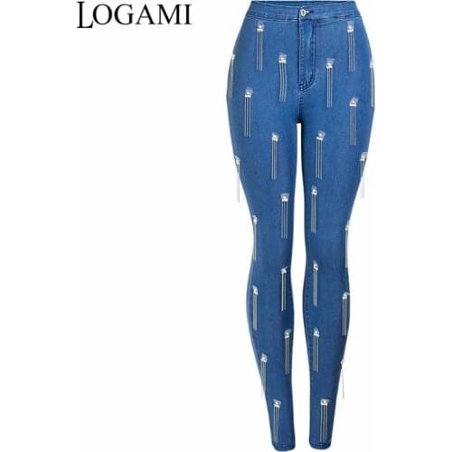 LOGAMI Tassel Skinny Jeans Woman Elastic Ladies High Waist Jeans Fashion New Pencil Denim Pants Blue