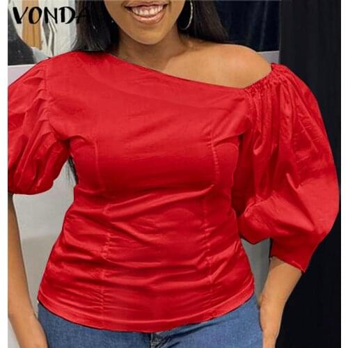 VONDA 2021 Women Off Shoulder Shirts Sexy Tunic Tops Casual Solid Color Blouse Female Sexy Party Tops Blusas Femininas Plus Size