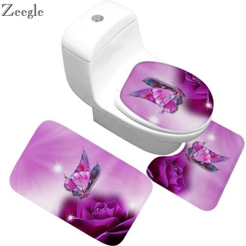 Zeegle Toilet Floor Mats Butterfly Printed Bathroom Rugs Set Anti-slip Toilet Bath Mats Set Carpet Bath Rug