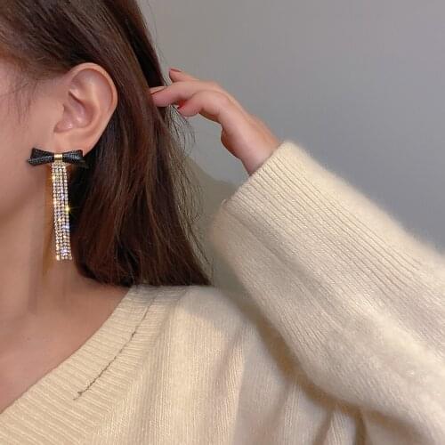 2021 ribbon bow flashing rhinestone tassel earrings fashion temperament net red simple tide earrings