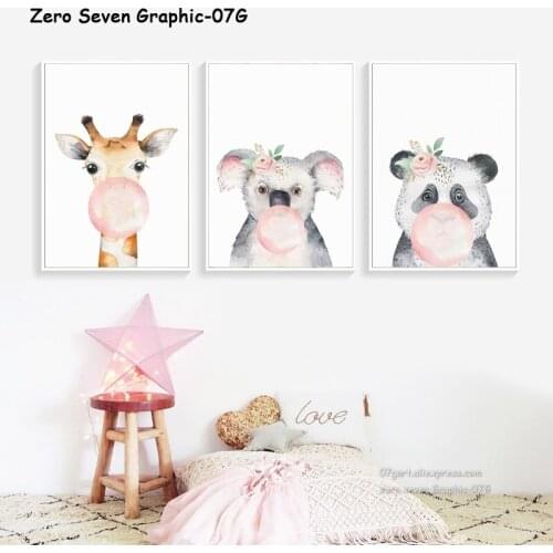 Watercolor Animal Giraffe Koala Panda Eating Chewing Gum Bubbles Canvas Print Picture Wall Art Poster For Babys Room Decoration
