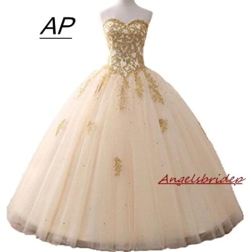 Angelsbridep Gold Appliques Ball Gown Quinceanera Dress 2021 Sparkle Crystal Tulle Floor-length Sweet 16 Dress Debutante Gowns