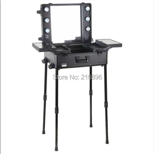 Free shipping to Brazil Argentina Panama Professional Rolling Studio Makeup Case With Lights Lighted Makeup Case with Stander