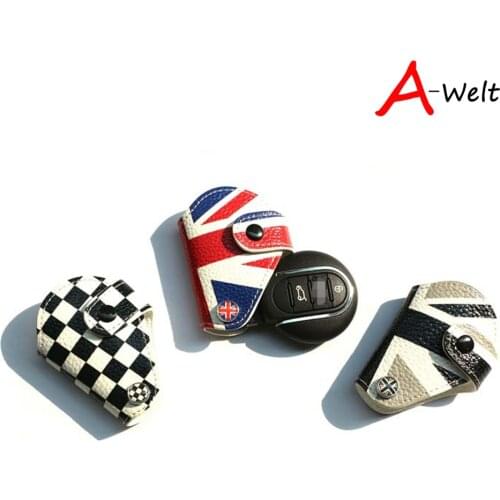 1Pc Red Blue Union Jack UK Flag Style Real Leather Key Fob Cover Holder For 2014-up MINI Cooper JCW F56