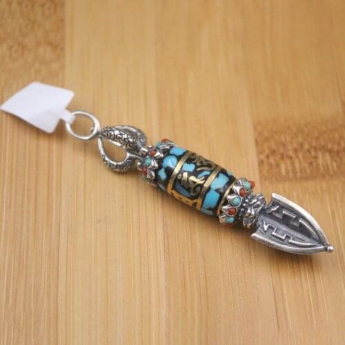 Pure 925 Sterling Silver 63*11mm Bless Lucky Turquoise Carved Pattern Mantra Vajra Pendant For Men Women Gift