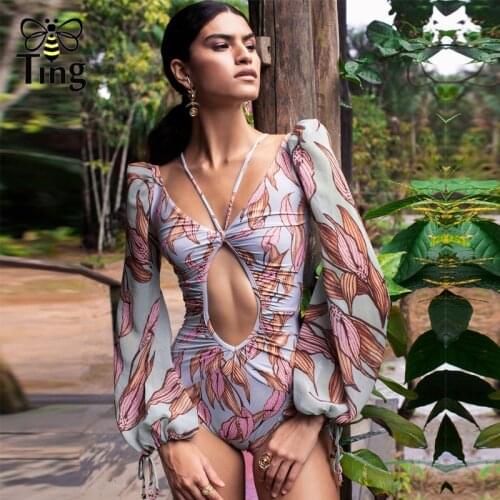Tingfly Designer One Piece Swimsuit Tropical Print Long Sleeve Women Swimwear Bathing Suit Rash Guard Surfing Swimming Beach
