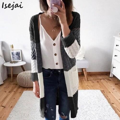 Stitching Contrast Striped Cardigan Female Twist Cardigan Long Sweater Women Block Knitting Cardigans Coat