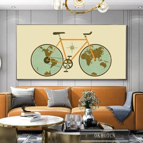World Map Bicycle Wheels Canvas Painting Abstract Creative Bike Poster Cuadros Wall Art Picture for Living Room Home Decoration