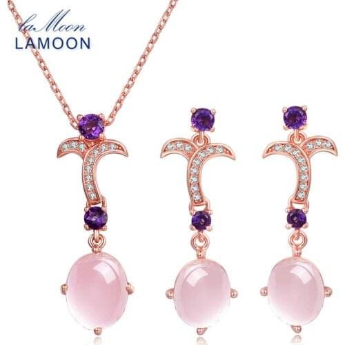 LAMOON Flower 100% Natural Gemstone Oval Rose Quartz 925 Sterling Silver Jewelry Jewelry Set V025-2