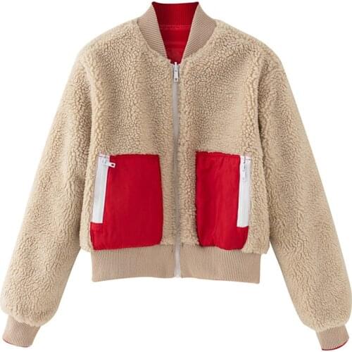 Merodi Winter Vogue Patchwork Double Side Wear Womens Loose Jackets Stylish Ladies Khaki Plush Outwear Girls Coats Oversize