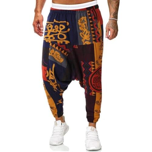 2021 Men Baggy Drop Crotch Harem Pants Men Hip-hop Women Wide Leg Trousers Male Casual ImitationLinen Vintage Print Pants 3XL