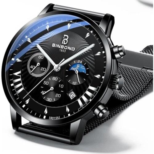 2021 Mens Stainless Steel Watches Top Brand Leather Chronograph Waterproof Automatic Date Quartz Watch for Men Relogio Masculino