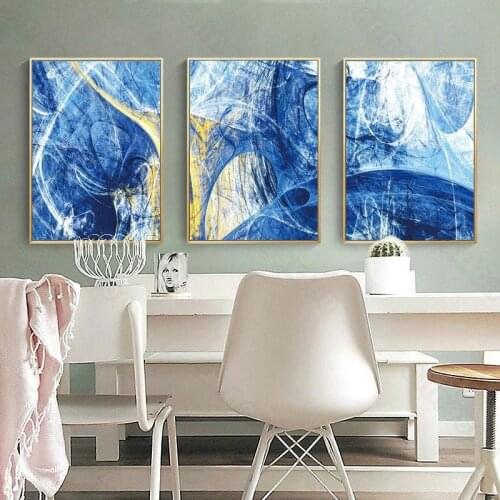 Nordic Style Canvas Painting Poster Abstract Watercolor Pictures Random Blue Lines for Living Room Bedroom Gallery Wall Decorati