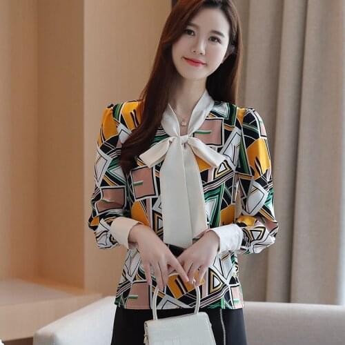 Autumn Womens Tops Bowknot Plaid Printed Shirt Lantern Sleeve Chiffon Shirts Blouse Plus Size Blusas Mujer De Moda
