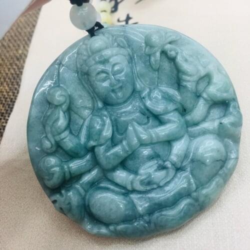 Natural Burmese Emerald Jade Carving Avalanche Guanyin Pendant with Tri-Color Bead Necklace Men and Women Sweater Chain