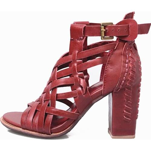 Hollow Gladiator Sandal Women Booties Chunky Heel Handmade Cow Leather Shoes Summer Spring Casual Buckle Sandals High Vamp