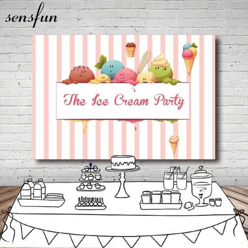 Sensfun Ice Cream Party Photography Backgrounds For Photo Studio Striped Birthday Party Table Dessert Dec Backdrop 7x5ft Vinyl