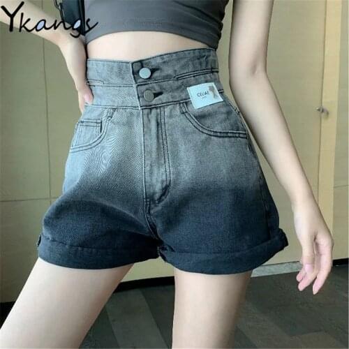 Women Gradient Summer Clothes Harajuku High Waist Button Wide Leg Denim Shorts Home Basic Casual Fashion Y2k Shorts Jeans Female