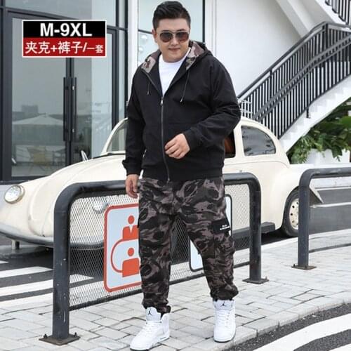 Spring and autumn mens plus fertilizer to increase handsome large size jacket camouflage trousers casual suit sports two-piece