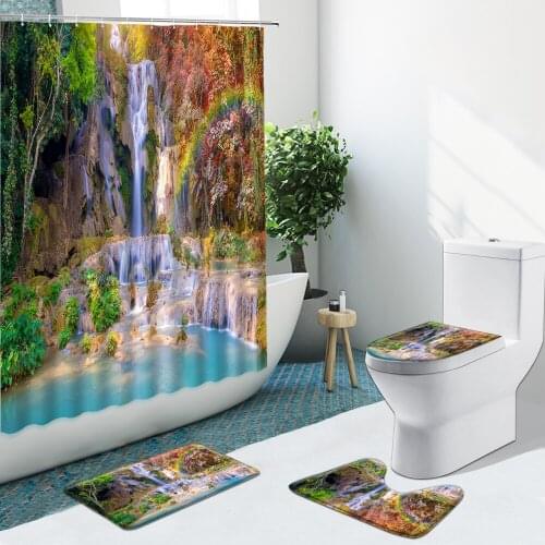 Waterfall Forest Scenery Bathroom Set Sea Mountain Boat Tree Shower Curtain Non-Slip Rugs Flannel Toilet Carpet Cover With Hooks