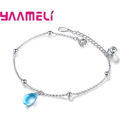 New Fashion Women Girls Charms Bracelets 925 Sterling Silver with Blue CZ Stone Water Drop Design Tassel Jewelry