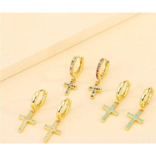 1Pair Vintage Zircon Cross Hoop Earrings For Women Punk Ethnic Cute Shiny Crystal Geometric Pendant Small Ear Stud Jewelry E122