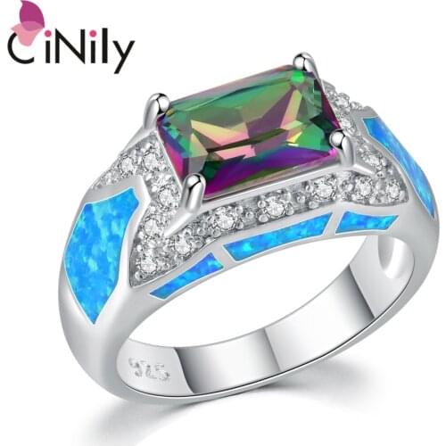 CiNily Created Blue Fire Opal Rainbow Stone Zircon Silver Plated Wholesale Hot Sell Women Jewelry Ring Size 6-10 OJ9618
