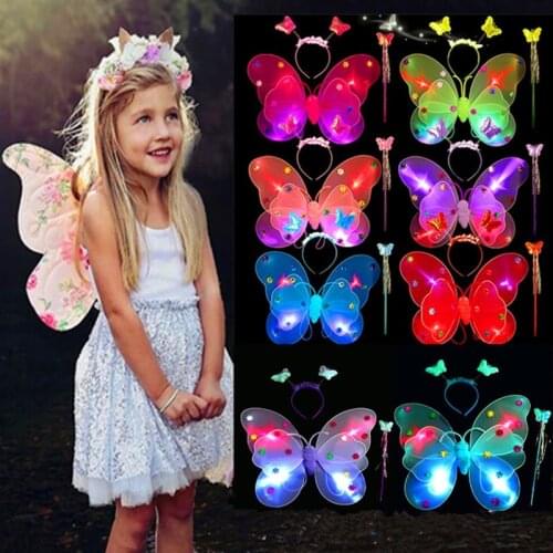 3pcs/set Girls Led Flashing Light Fairy Butterfly Wing Wand Headband Set Light Up Funny Educational Led Luminous Toys For Kids