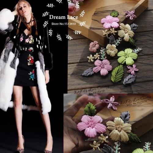 Free shipping (2pieces/lot) 3D Ribbon Sewing Floral Flower Motif Lace Applique ,Wedding Bridal Embroidery Lace patch