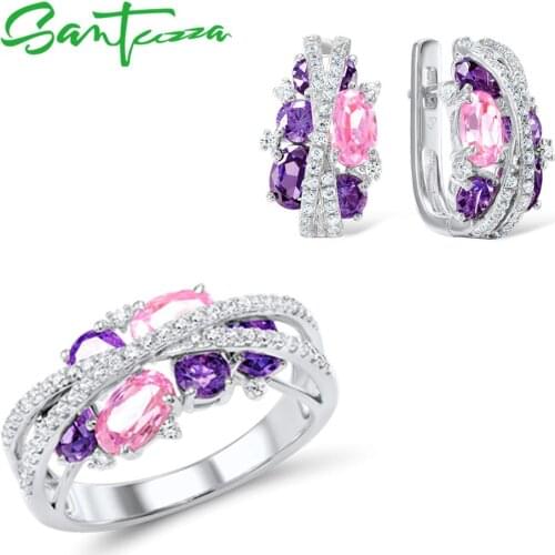 SANTUZZA 925 Silver Jewelry Set for Women Sparkling Purple Amethyst Pink Cubic Zirconia Earrings Ring Set Luxury Fine Jewelry